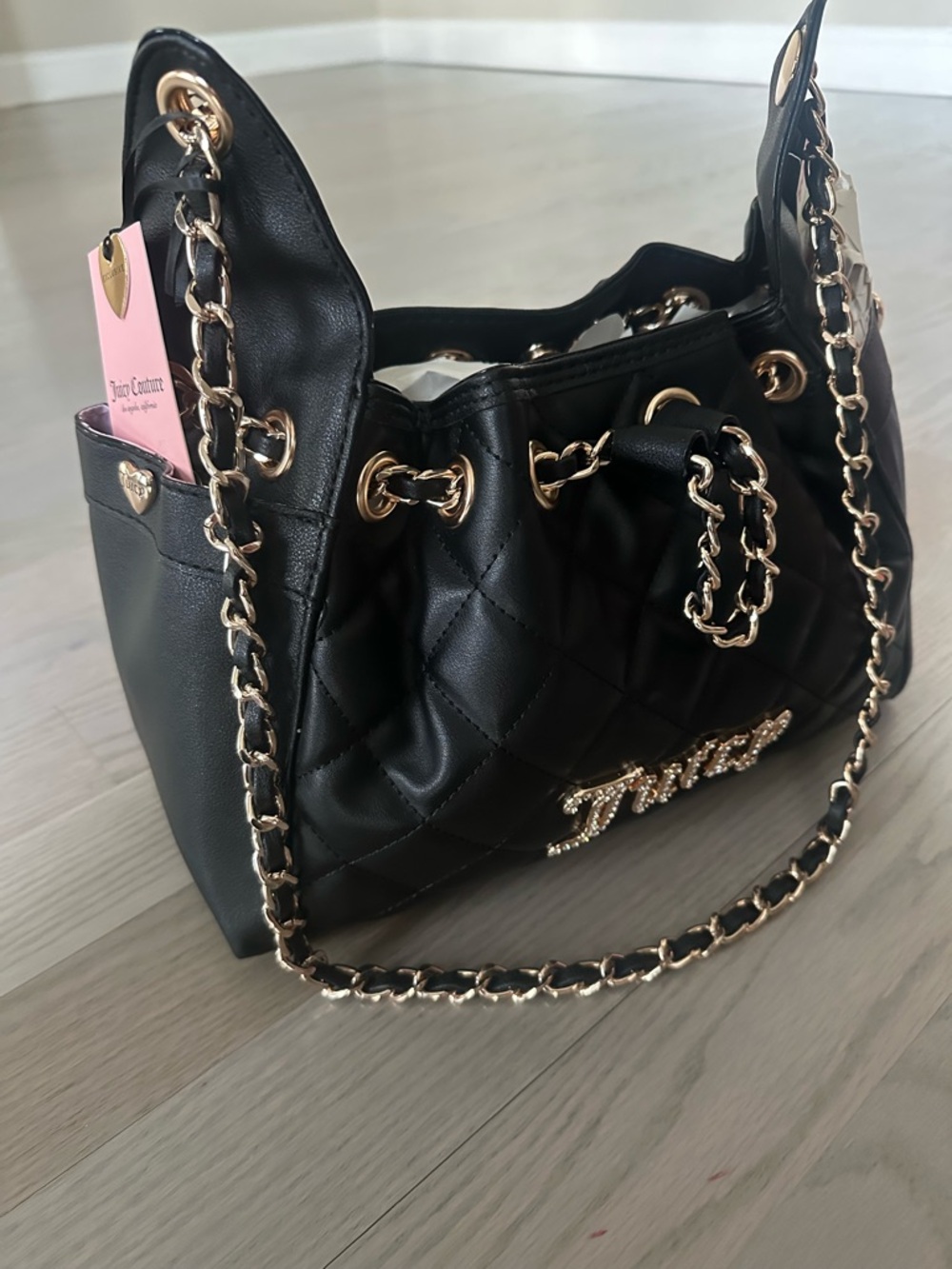 Juicy Couture Black Quilted Shoulder Bag with Gold Chain Detail Rare!!